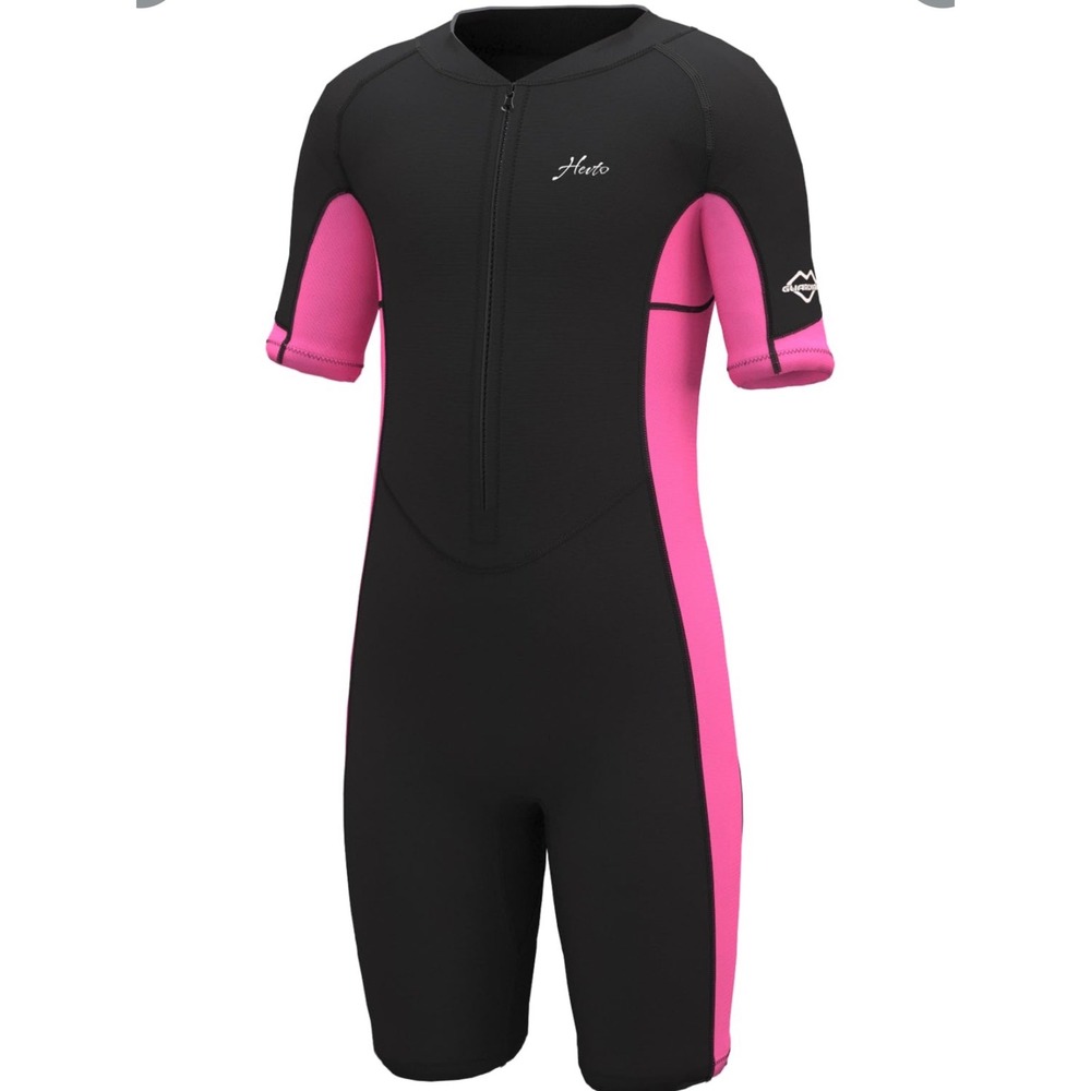 Hevto Wetsuit Shorty Kids 7 Black Pink New 2mm Neoprene Front Zip Surfing Swim
